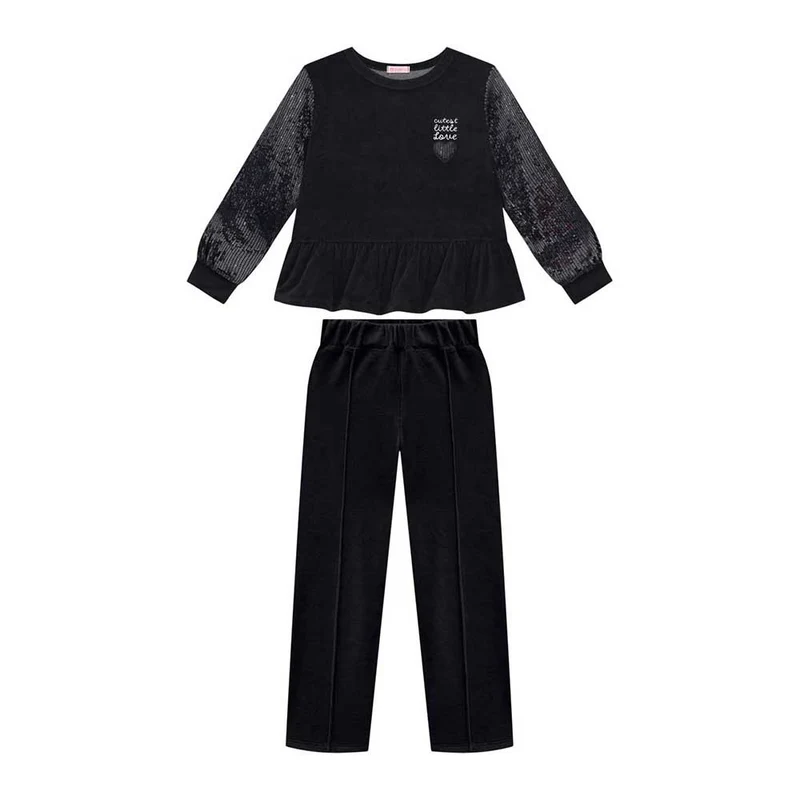 Conjunto em Plush e Malha Lantejola Cute Little Lova Somnii - Feminino 06 / Menina / Preta
