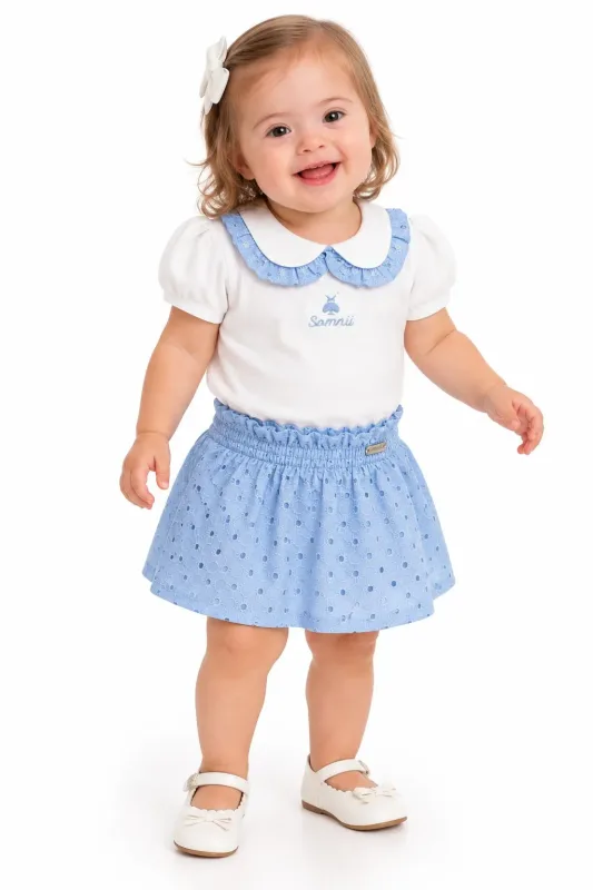 CONJUNTO BLUSA EM COTTON E SAIA CLOCHARD TECIDO LAISE COM SHORT INTERNO EM MALHA / CREME
