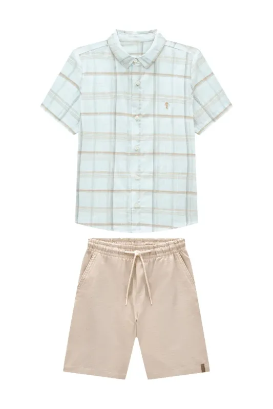 CONJUNTO CAMISA EM TRICOLINE FLAME XADREZ E BERMUDA EM SARJA ECO RAJADA / ANDES