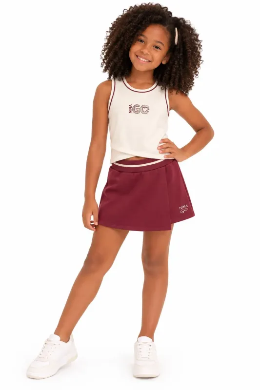 CONJUNTO REGATA EM COTTON E SHORT SAIA EM MOLETINHO / CREME