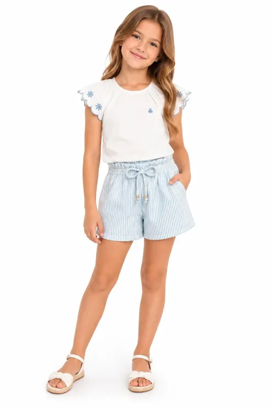 CONJUNTO REGATA EM COTTON E SHORT EM MALHA CANELADA LISTRADA / CREME