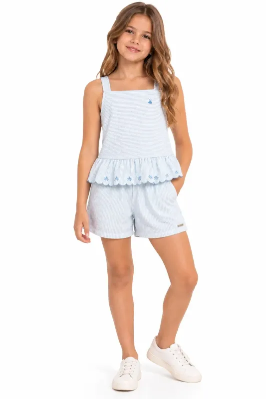 CONJUNTO BATA E SHORTS EM MALHA CANELADA LISTRADA / PROVENCE