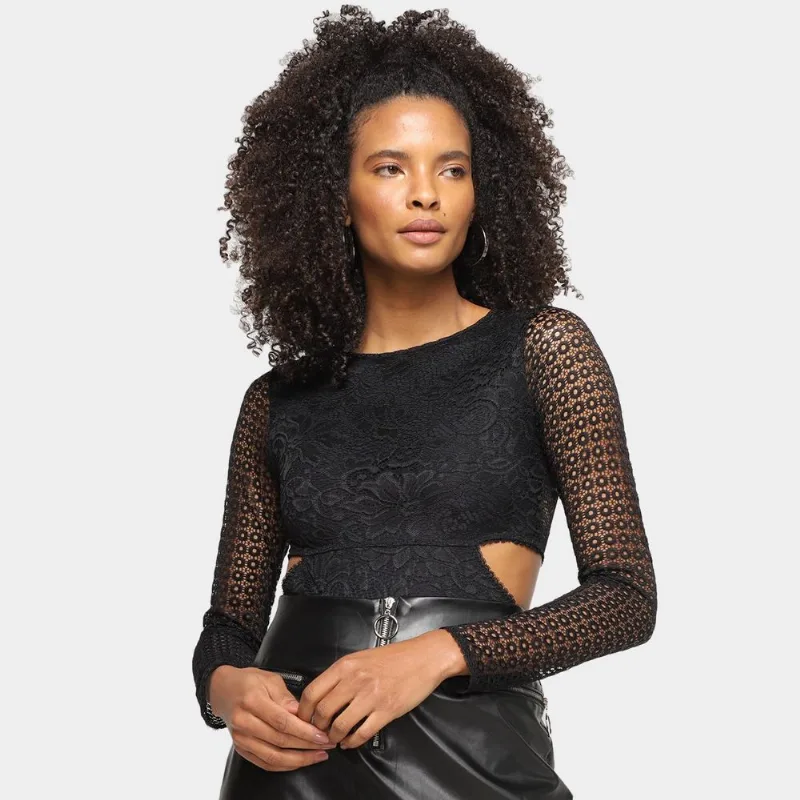 Body Hope em Renda Manga Longa - Feminino - Preto