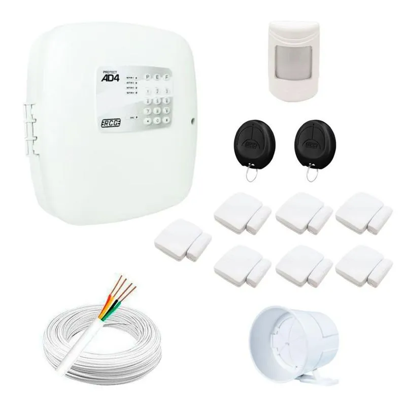 Kit Alarme Residencial 8 Sensores sem fio, 2 Controles Remoto, Central AD4 Soft EC4 RCG