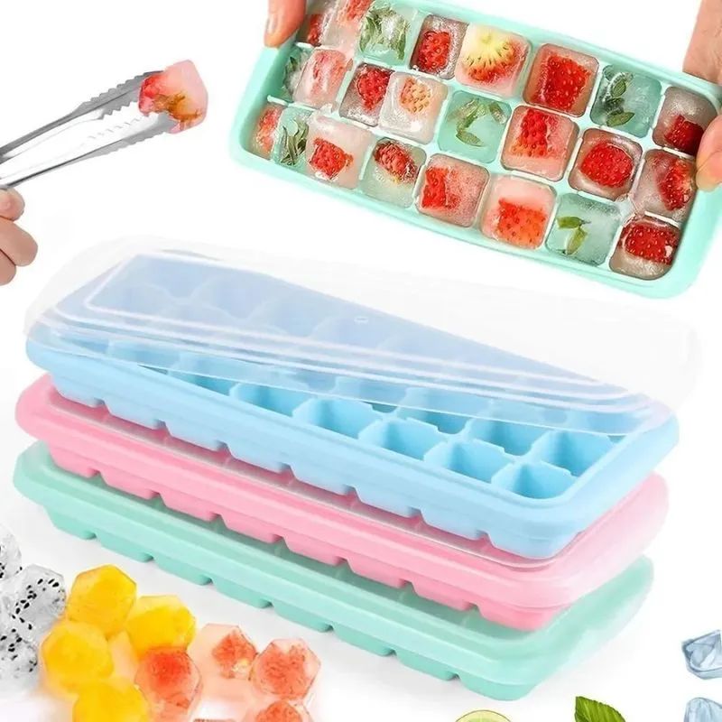 3 Formas Gelo Silicone Flexível 24 Cubos Tampa Empilhável