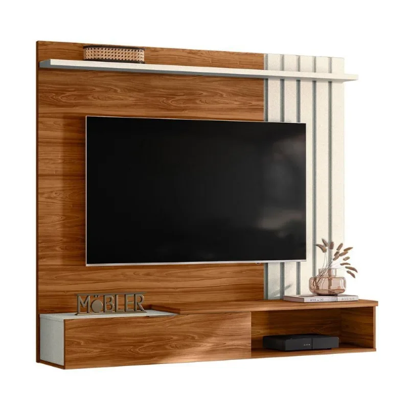 Painel Home Suspenso Vegas 1.6 Com Ripado E 1 Porta 160 Cm Cinamomo Perola Metalizado