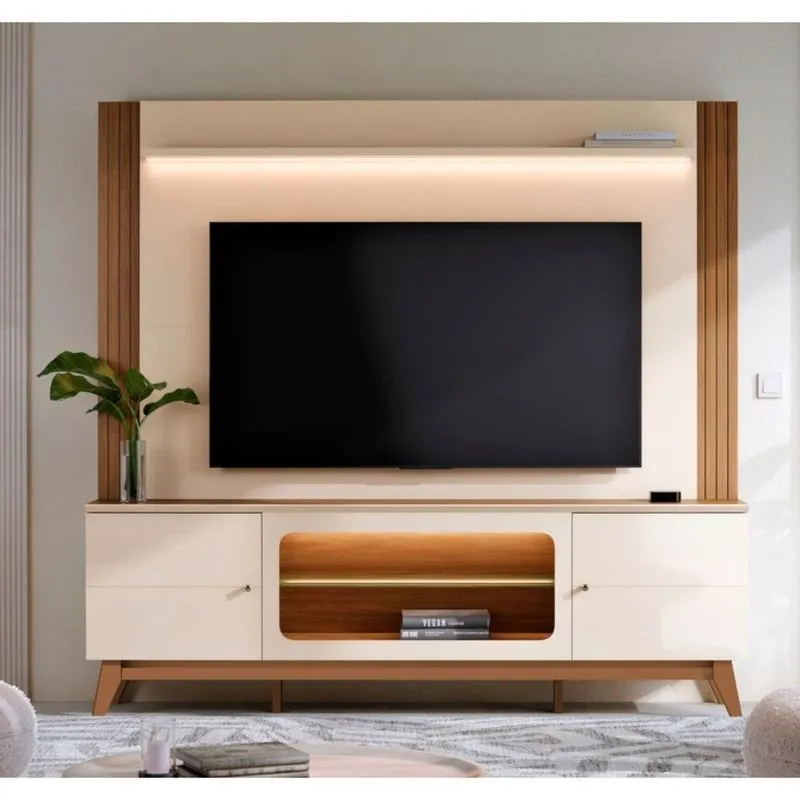 Estante Home Frisado Para TV Até 70 Polegadas Com LED 2 Portas E Pés Em MDF Maceió Mobler
