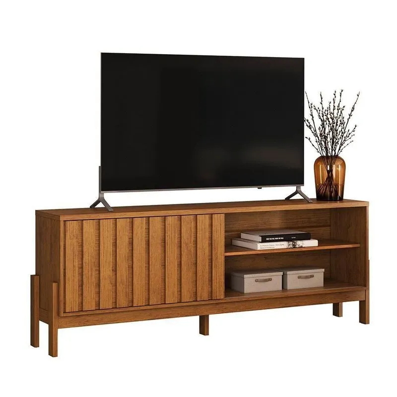 Rack Bancada Para TV New Aurora 75" 188cm MDP com Porta Deslizante Ripada Canela