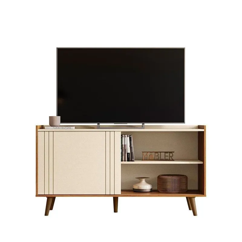 Rack Bancada Para TV Até 55" New Austin 135,7cm MDF MDP Pé Palito Porta Correr Pérola Metalizado