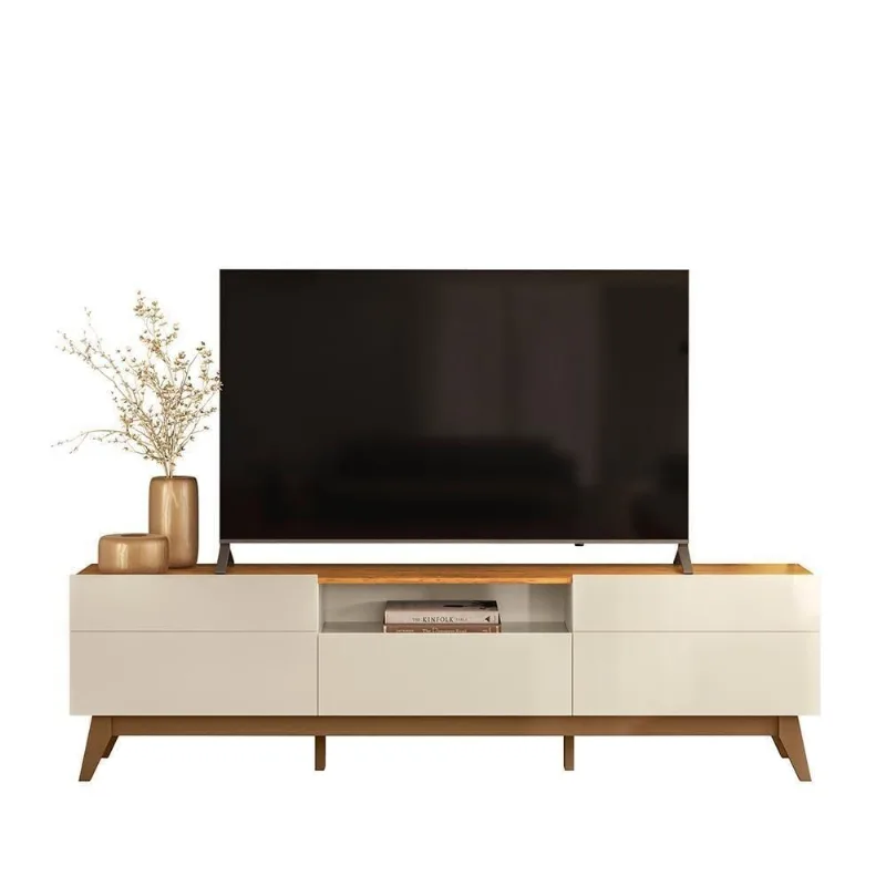 Rack Bancada Diadema para TV 75" 200cm MDF MDP com Nicho Central Off White Canela Möbler