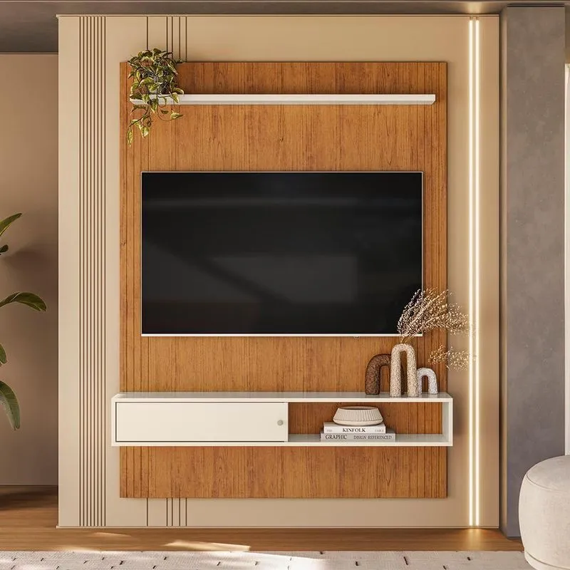 Painel Home Suspenso Para TV Betim 136cm MDF-MDP Com Porta de Correr Canela-Off White Mobler