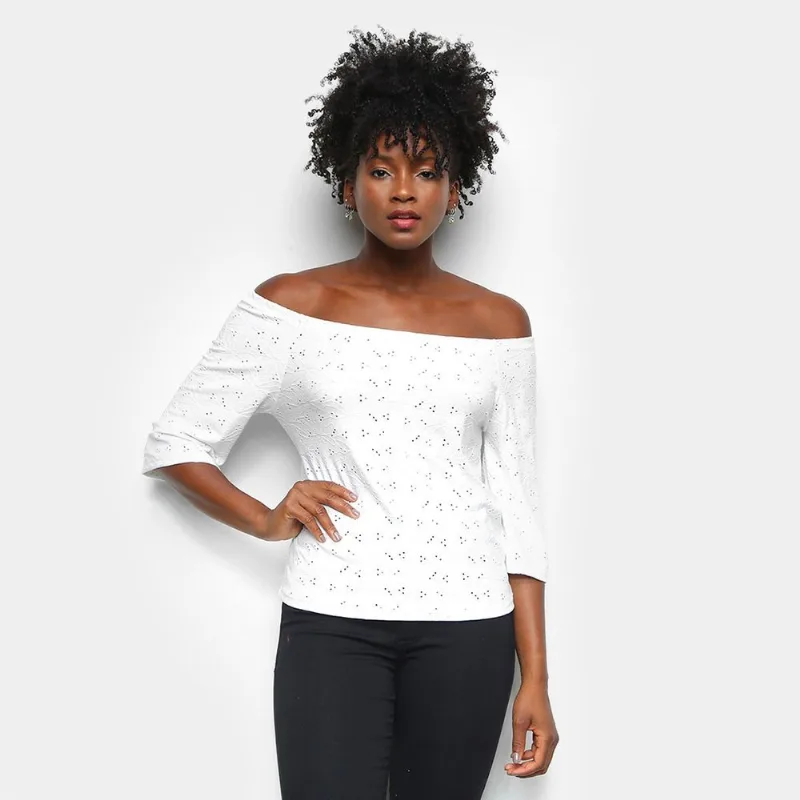 Blusa Lecimar Ombro a Ombro Floral Feminina - Feminino - Off White