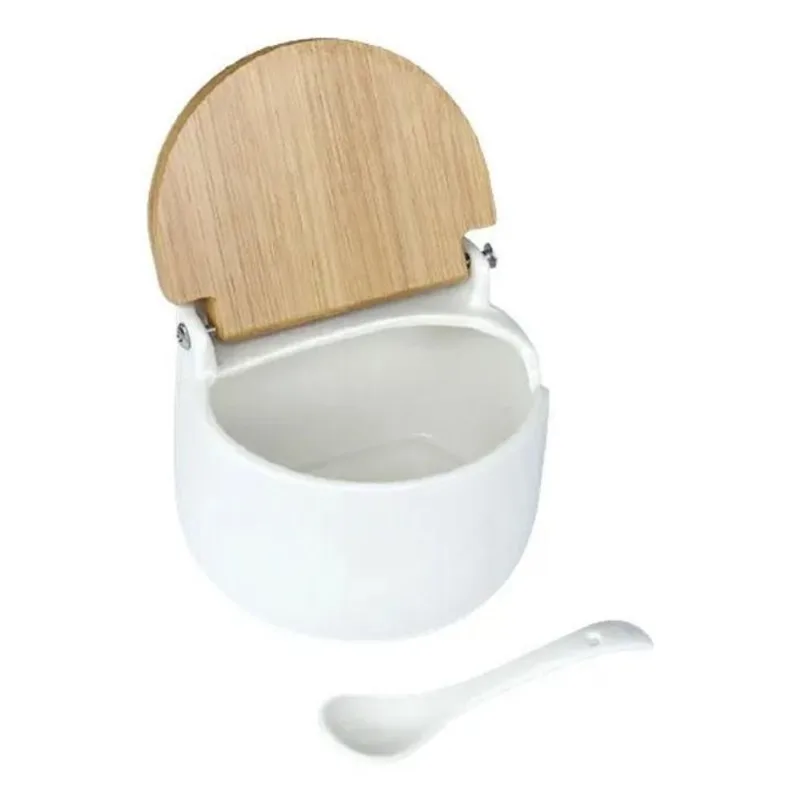 Porta Sal Saleiro Mesa Em Porcelana Com Colher Tampa Madeira
