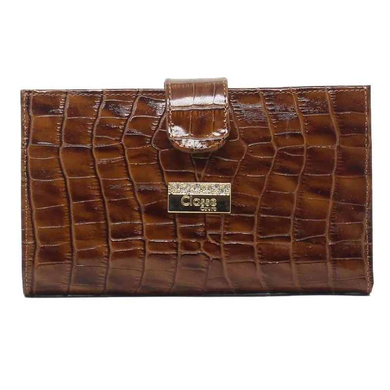 Carteira Feminina Classe Couro F239 Cb27 Marrom Croco Verniz