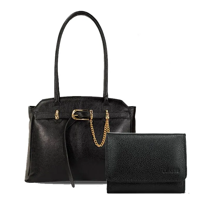 Bolsa Shopping Bag Classe Couro Couro Sam + Carteira Feminina Preta PRETO - UNICO