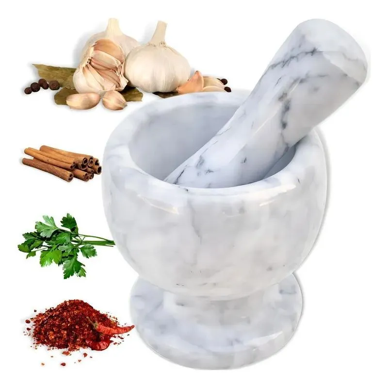 3x Pilão De Marmore Com Socador De Alho E Temperos De Cozinh