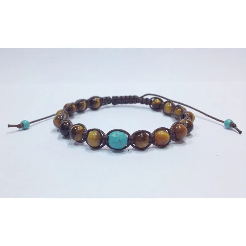 Pulseira shambala masculina pedra natural olho de tigre e turqu