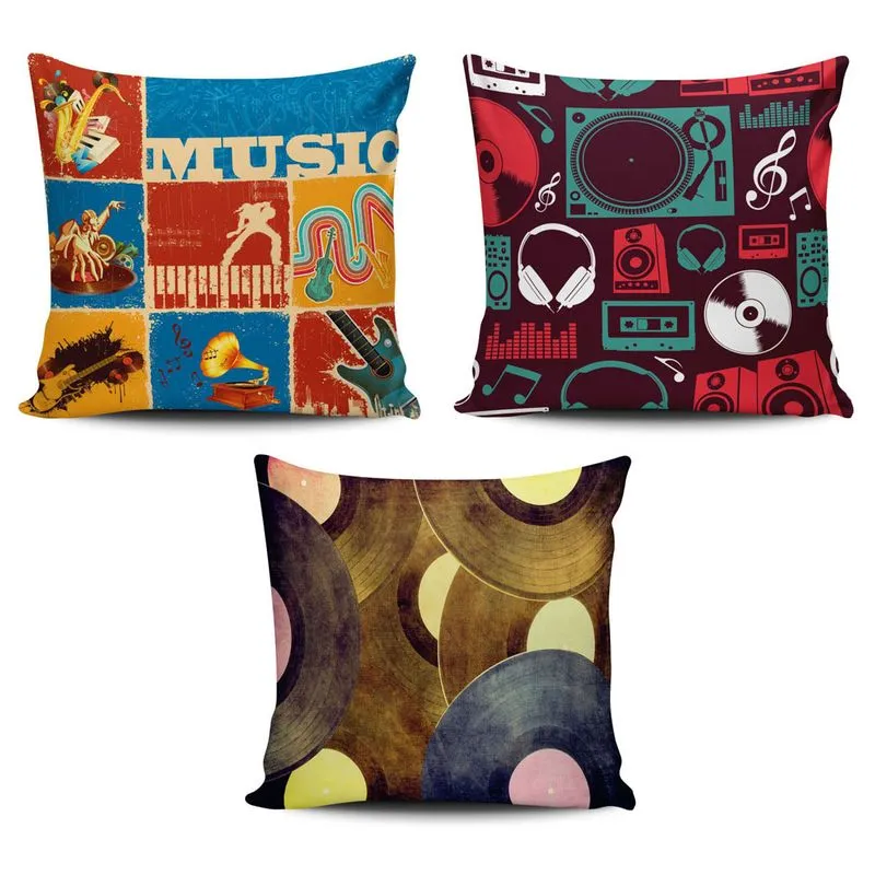 Conjunto 3 Almofadas Tema Musical Vintage - 42x42cm Com Enchimento
