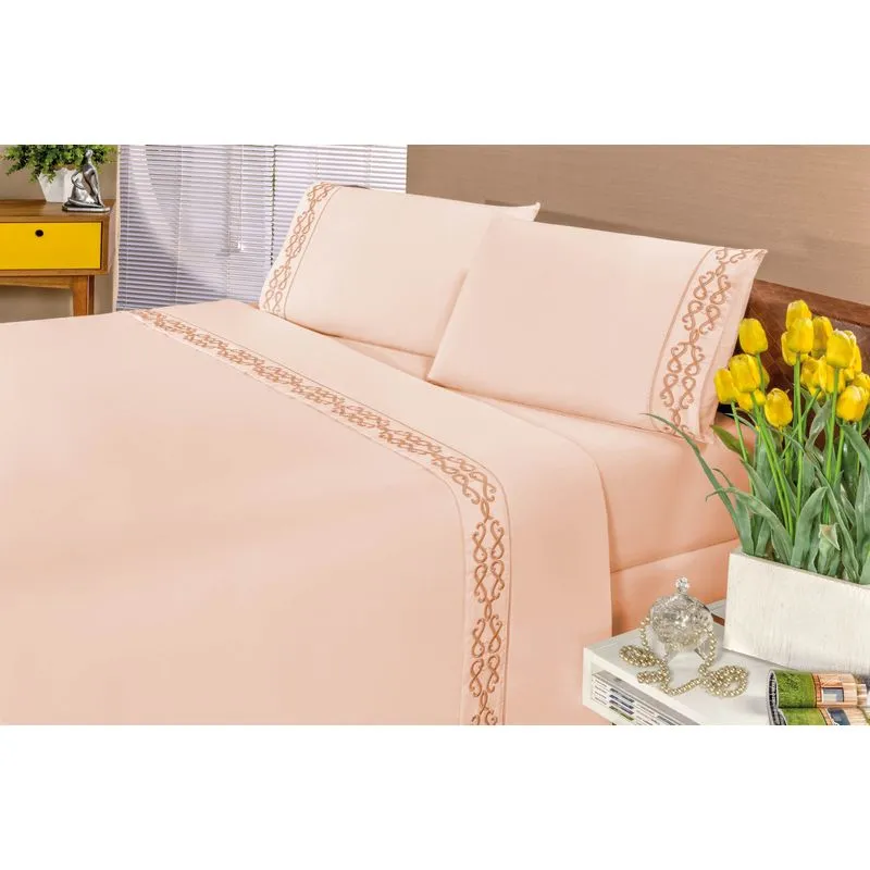 Jogo De Cama Lençol Casal Queen 4 Peças Ponto Palito Salmão