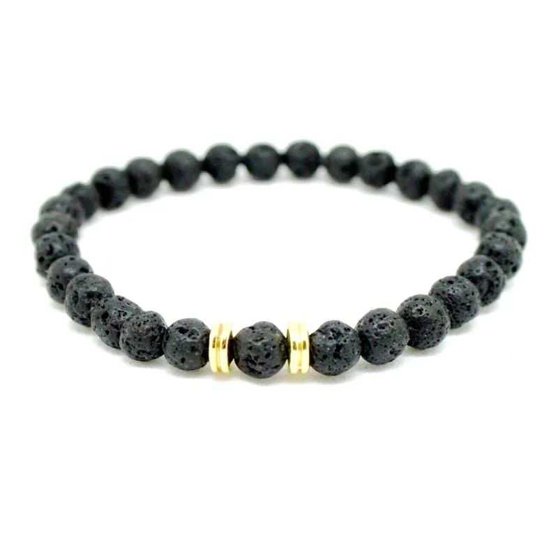 Pulseira Masculina Pedra Vulcânica 6mm Banho Ouro 18k M