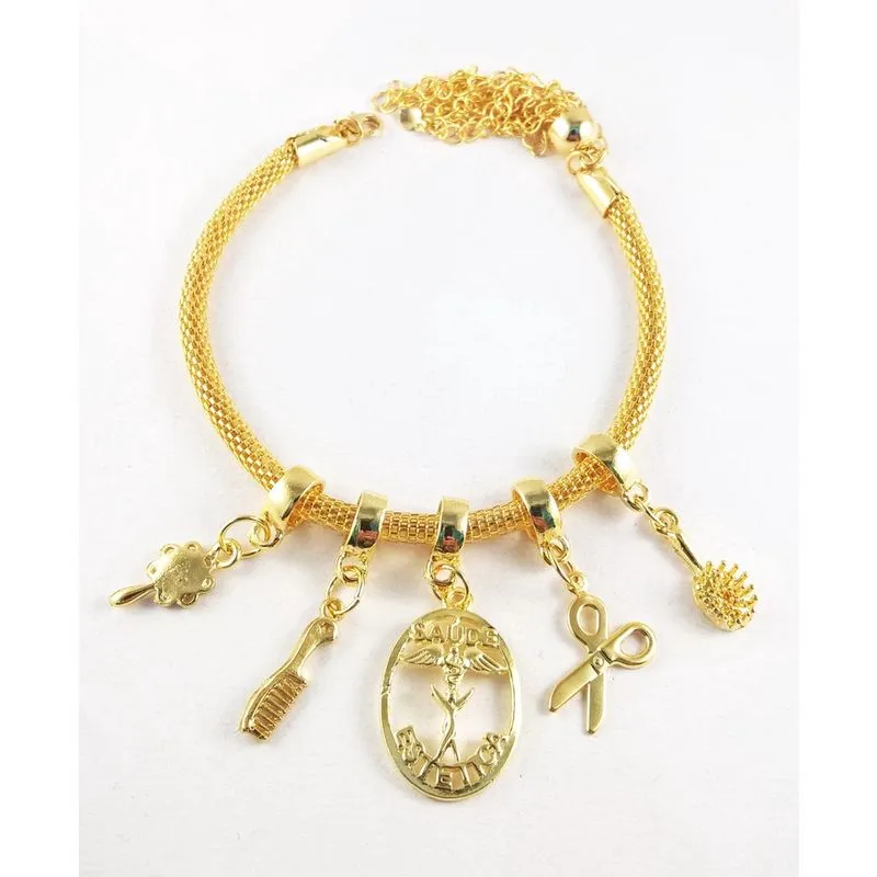 Pulseira Berloques Cabeleireira Estética Folheado Ouro 18k
