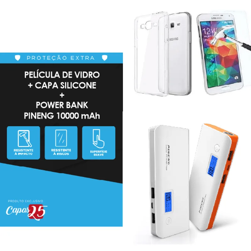 Kit Power Bank Película De Vidro E Capa Em Tpu J2