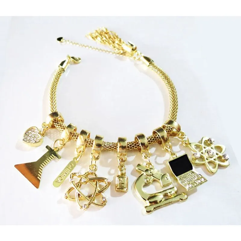Pulseira Berloques Química Computador Folheado Ouro 18k