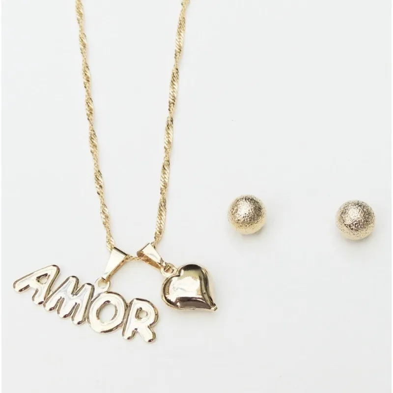 Colar Amor Coração e Par de Brinco Lembrança Folheado 18k
