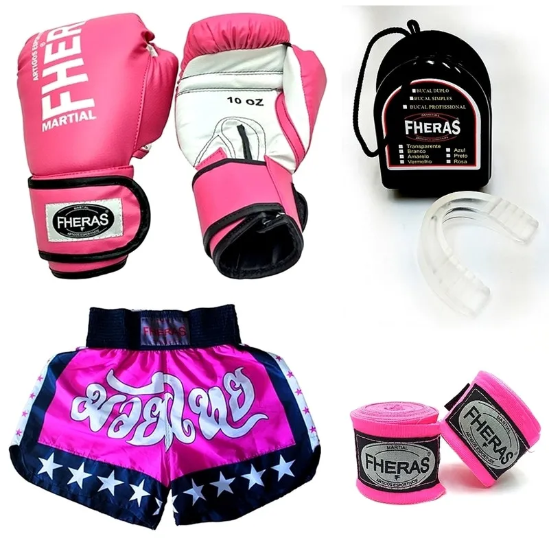Kit Muay Thai Fheras Luva Bandagem Bucal Shorts 10oz Rosa