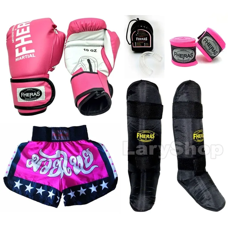 Kit Muay Thai Fheras Luva Shorts Canel. Band Buc 12oz Rosa