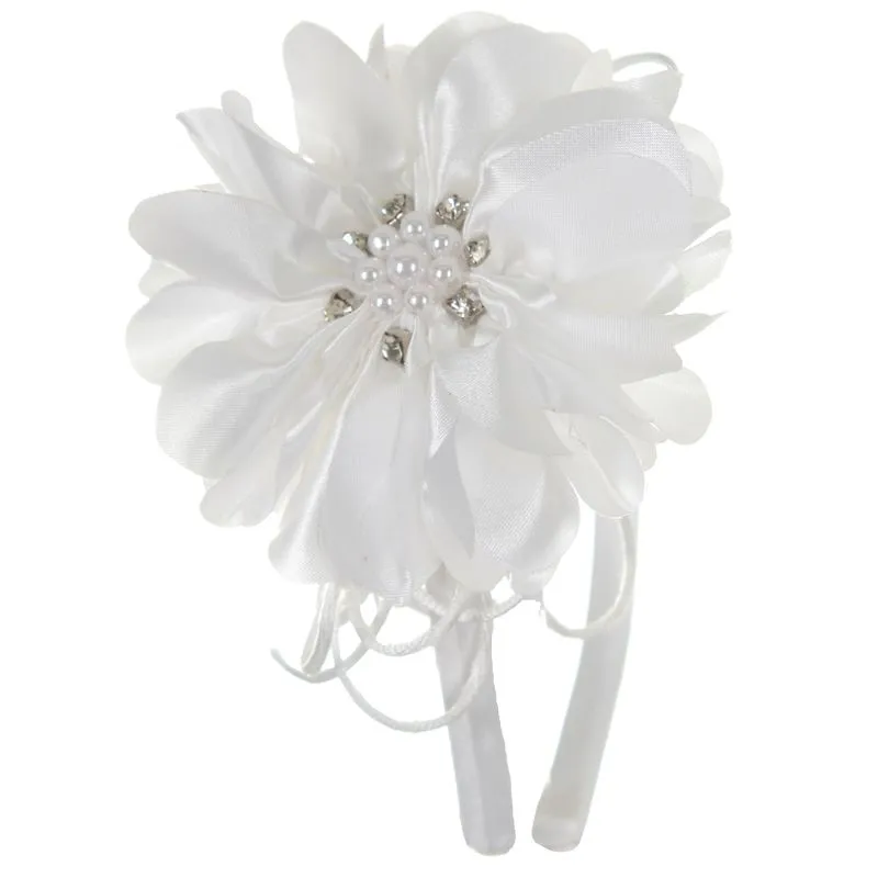 Tiara / Arco Com Flor De Cetim Angibella Kids Branco