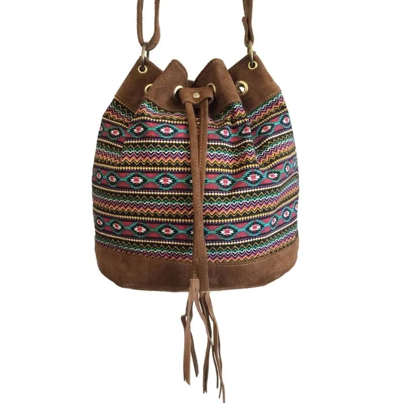 Bolsa feminina tipo saco transversal Étnica alça regulável