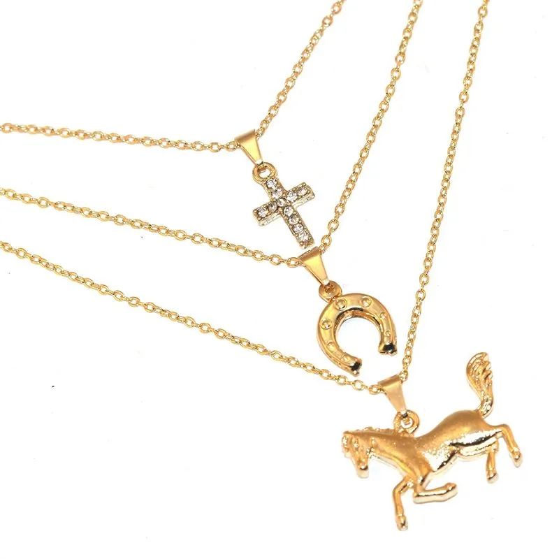 Cordão Colar Triplo Country Cavalo Ferradura Folheado 18k