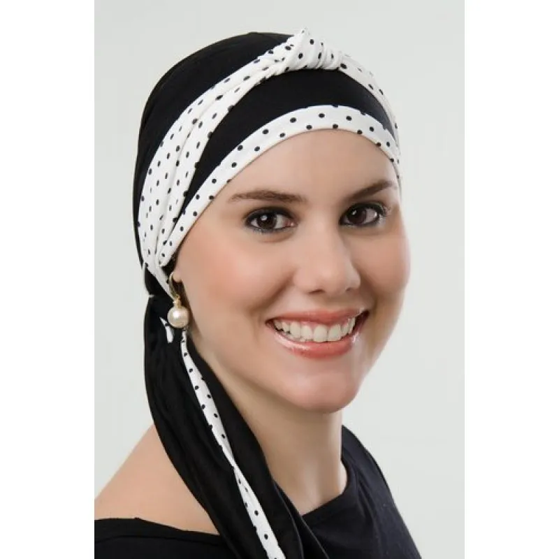 Turbante Preto Com Viés E Tiara Branca Com Bolinhas Pretas