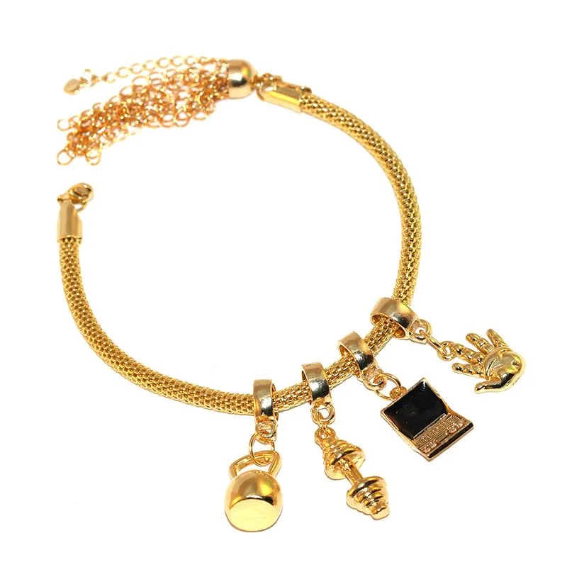Pulseira Berloque Academia Halteres Peso Folheado Ouro 18k