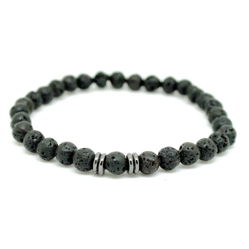 Pulseira Masculina Pedra Vulcânica 6mm Banho Ródio Negro G
