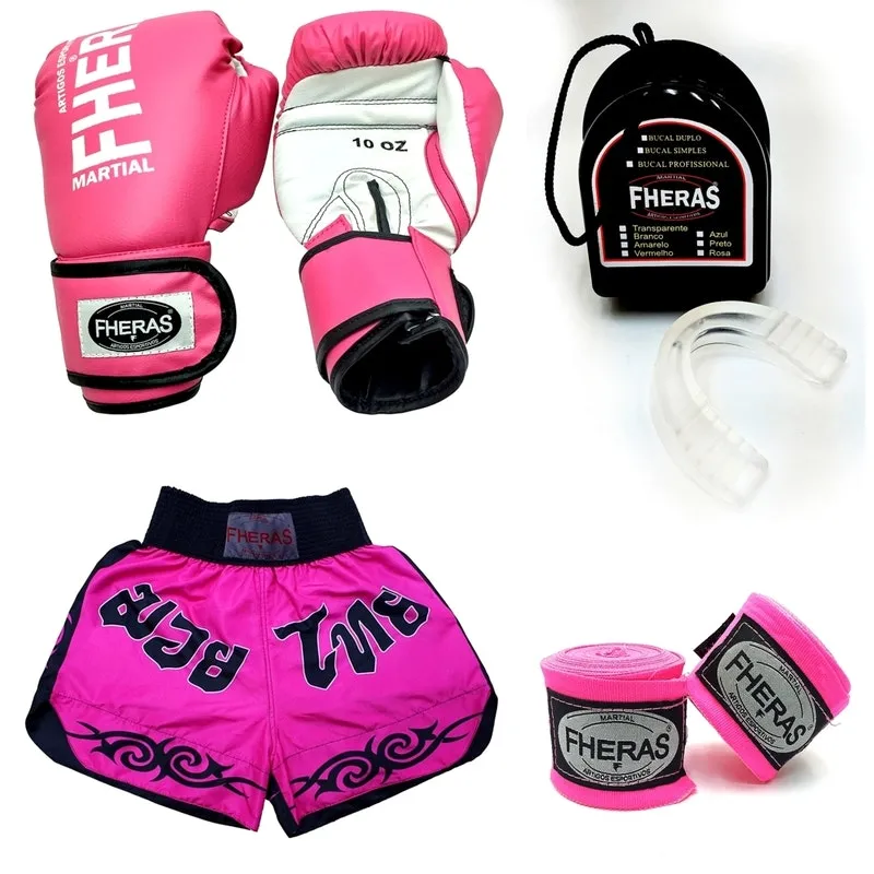 Kit Muay Thai Fheras Luva Bandagem Bucal Shorts 14oz Rosa