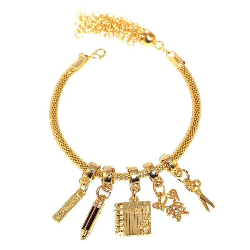 Pulseira Berloques Caderno Lápis Pedagogia Folheado Ouro 18k