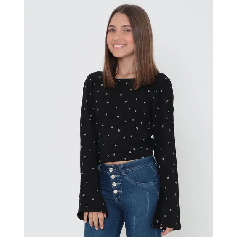 Blusa Juvenil Cropped Estampa Estrelas Preta 16