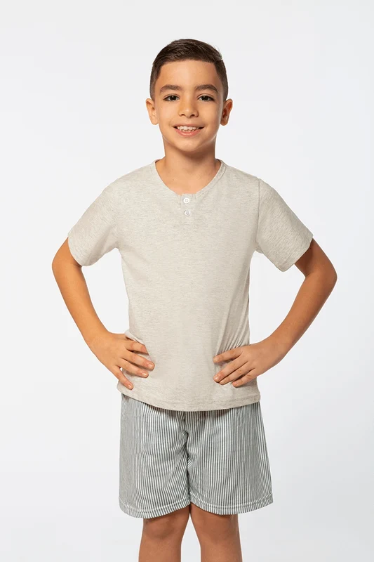 Pijama Curto Listrado Henley Infantil Masculino Lupo Mescla Areia / 08 anos