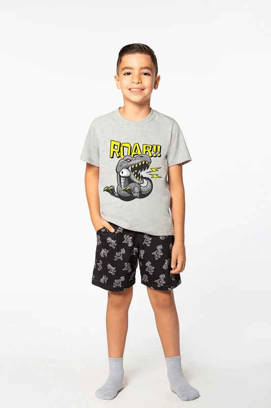 Pijama Lupo KM Curto Dino Roar Cinza Mescla / 02 anos