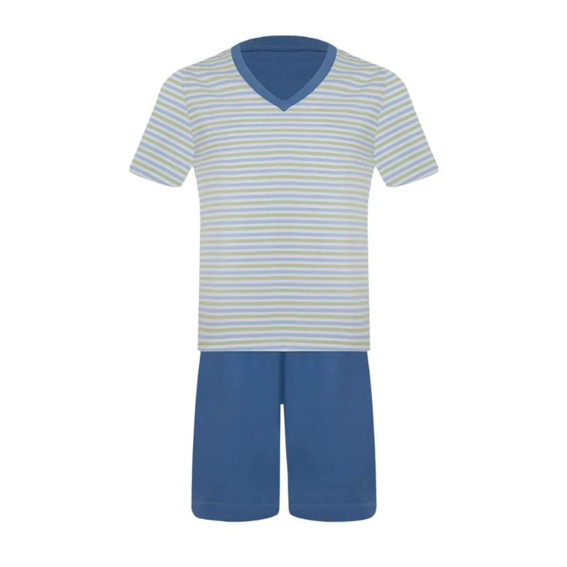 Pijama Lupo Curto Gola V Listrado Masculino 28021-001 Azul GG