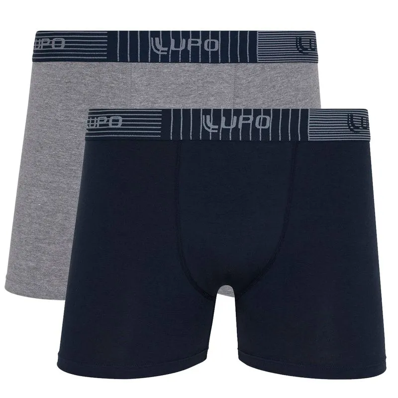 Kit 2 Cuecas Boxer em Algodão e Cós Detalhado Lupo Marinho e Chumbo Mescla