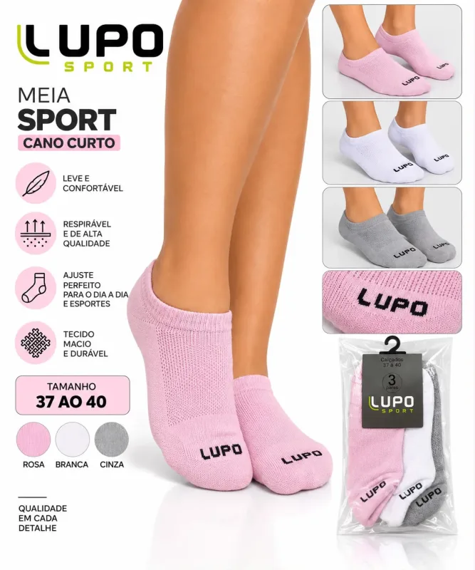 MEIA LUPO SPORT CANO CURTO KIT 3 PARES 33 AO 36