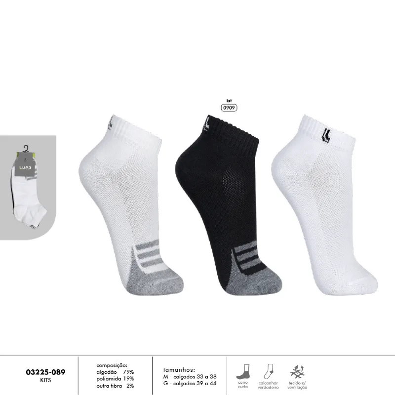 Meia Lupo Sport Cano Curto 3225-089 Kit C/3 Cinza,Branco Meia Lupo Sport Cano Curto 3225-089 Kit C/3 Cinza, Branco