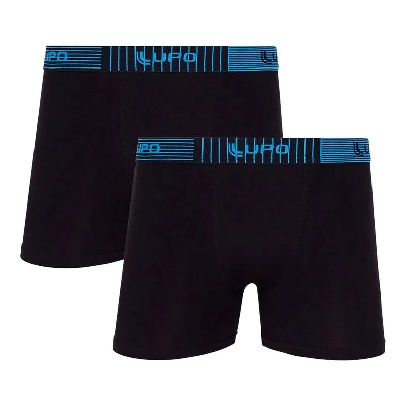 Kit 2 Cuecas Boxer em Algodão e Cós Detalhado Lupo Preto e Preto
