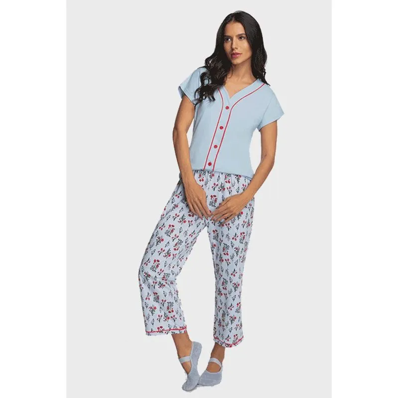 Pijama Lupo Floral Midi com Botões Azul