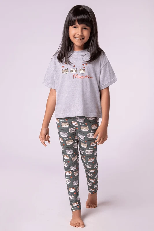 Pijama Meow Infantil Feminino Lupo Cinza Mescla / 06 anos