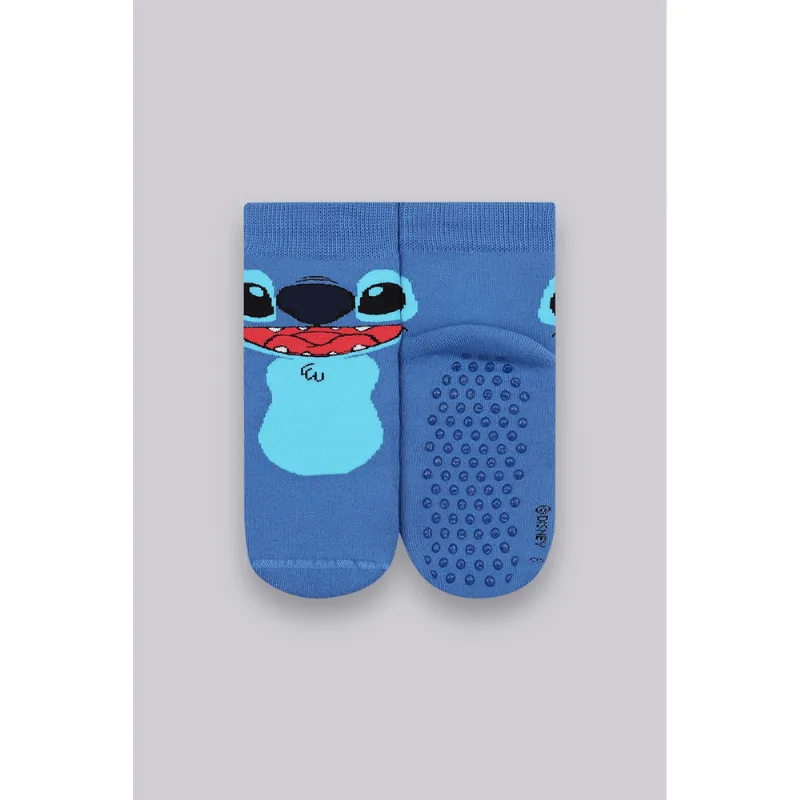 Meia Cano Longo Antiderrapante Stitch Infantil Unissex Lupo Tamanho: 046 (Calçados 24 a 29) | Cor: Azul