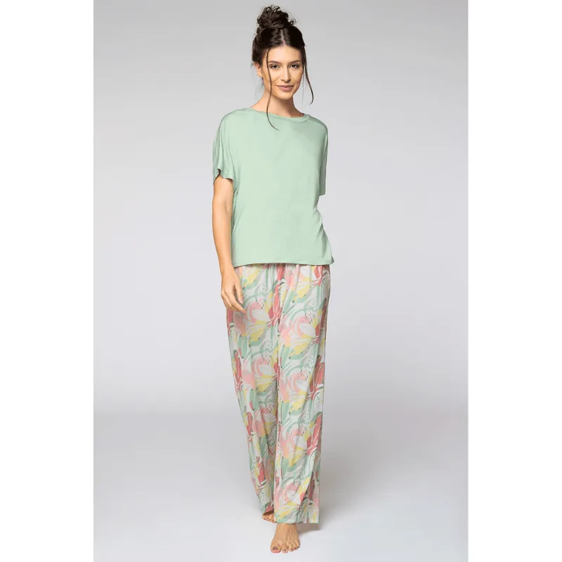 Pijama Longo Pantalona Folhas Feminino Lupo Tamanho: P (36 a 38) | Cor: Light Green